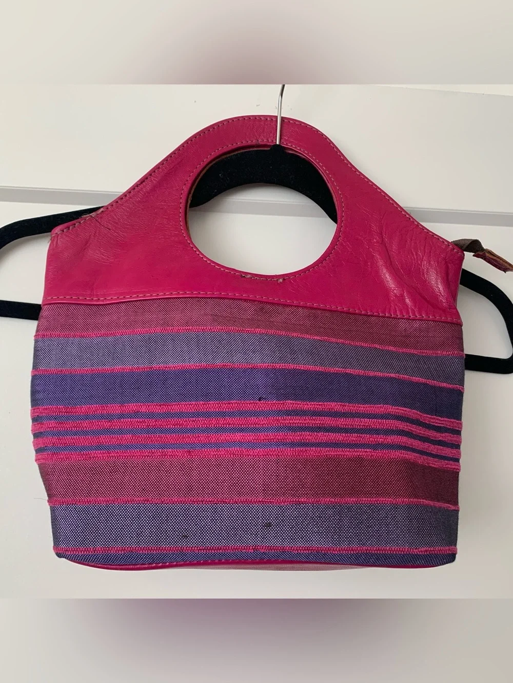 Vintage Raw Silk & Leather Handbag with matching scarf set - Magenta/purple